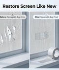 2 Pack Window Screen Repair Tape Self Adhesive Fiberglass Mesh Patch Kit For Holes Tears And Rips In Screens Grey For Windows Doors And Patio Nets No Tools Needed Fast Easy To Apply DIY Friendly image showing before and after application on window screen