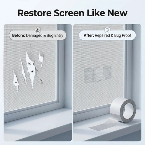 2 Pack Window Screen Repair Tape Self Adhesive Fiberglass Mesh Patch Kit For Holes Tears And Rips In Screens Grey For Windows Doors And Patio Nets No Tools Needed Fast Easy To Apply DIY Friendly image showing before and after application on window screen