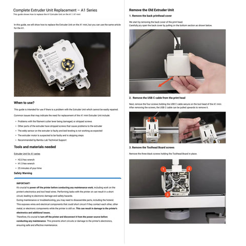 Instruction manual for A1 Mini Extruder Replacement Toolhead with Hardened Steel Dual Gear, Filament Cutter, and Motor installation.