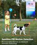 Wireless Outdoor Security Camera With Solar Panel, 2K Solar Powered, showing PIR Human Detection of child and dog in a yard