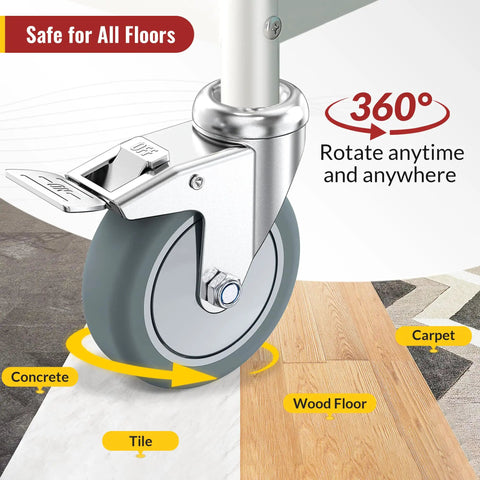 Set Of Four Heavy Duty Workhorse TPR Rubber Caster Wheels With Sturdy Steel Base And Lock It Down Tight Brakes Slick Rolling 4 Inch Casters for smooth rolling on different floor types.