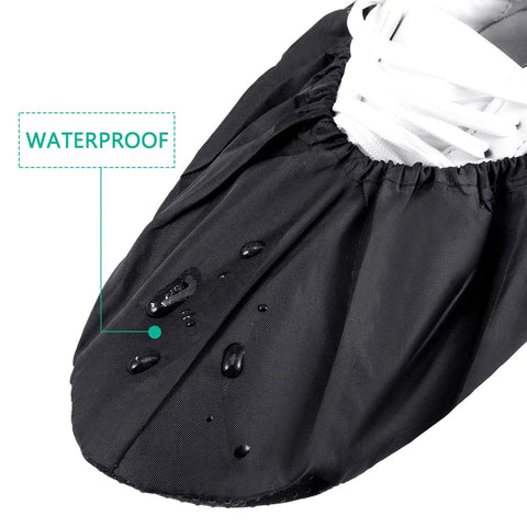 Close-up of black waterproof shoe cover with water droplets, part of 8 Pairs Non Slip Reusable Shoe Covers Waterproof Boot Covers With Elastic Band For Easy Fit And Secure Wear Protecting Household Floors And Carpets From Dirt And Dust Machine Washable Large.