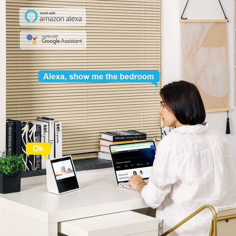 Woman using Indoor Security Camera With 360 Degree View And Auto Tracking For Home Or Pet Monitoring, 1080P HD Night Vision, on desk