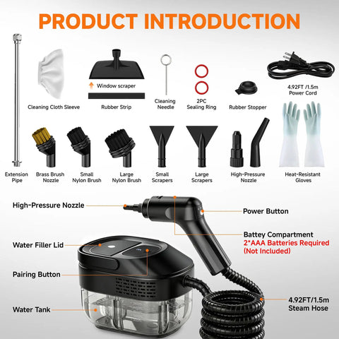Components of Primiorix 1500W Pressurized Steam Cleaner In Black including nozzles and attachments for versatility in cleaning.
