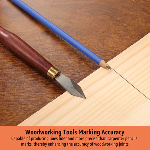 Top Shelf Precision Woodworking Marking Knife Bang On Dovetail Layout Scriber For Hella Clean Cut Lines High Carbon Steel Heavy Duty Carpenter Shop Tool on wood with blue pencil.