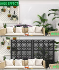 Heavy Duty Outdoor Privacy Screen Freestanding Portable Metal Panels for Deck Balcony Garden and Indoor Use 72 Inch High 46 Inch Wide With Stand creates immediate privacy by hiding the background with decorative patterns, shown before and after use in a living space.