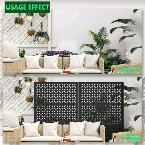 Heavy Duty Outdoor Privacy Screen Freestanding Portable Metal Panels for Deck Balcony Garden and Indoor Use 72 Inch High 46 Inch Wide With Stand creates immediate privacy by hiding the background with decorative patterns, shown before and after use in a living space.