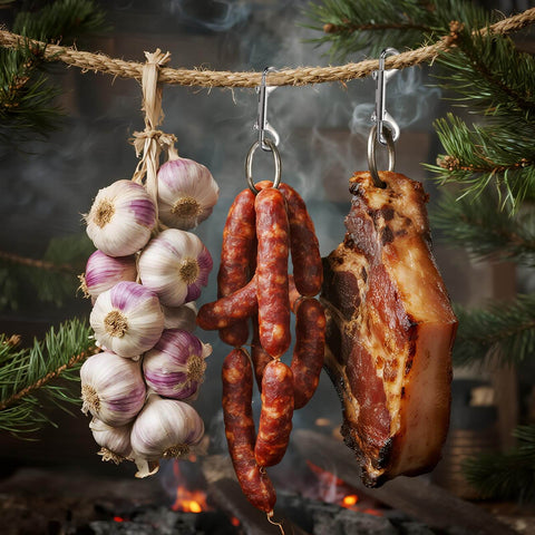 Eight Pack Heavy Duty Double Ended Snap Hooks in Silver Zinc Alloy with trigger clips hanging garlic, sausage, and meat over fire