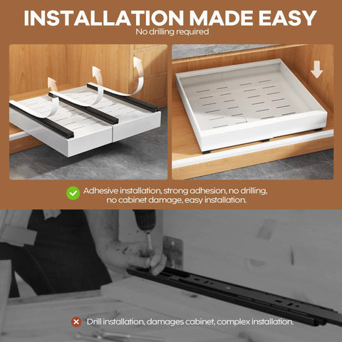 Set Of Two White Pull Out Cabinet Organizer Shelves with adhesive installation, easy setup shown inside a cabinet.