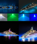 Lit RGBW Boat Drain Plug Lights With Half Inch NPT Fit, 1.5 Meter Extension Cord, yachts illuminated underwater, blue LED lights