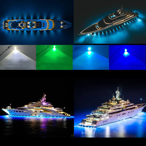 Lit RGBW Boat Drain Plug Lights With Half Inch NPT Fit, 1.5 Meter Extension Cord, yachts illuminated underwater, blue LED lights