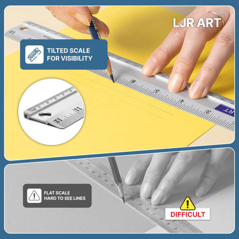 12 Inch Aluminum Ruler With Dual Inch And Metric Scales, Precise Markings, tilted for visibility, in use on yellow paper