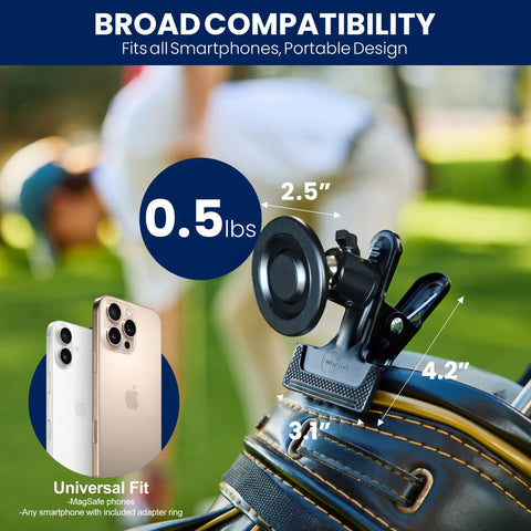 Golf Bag Phone Holder Clip On Mount With MagSafe Easy Quick Setup No Extra Gear Needed Sturdy Clip Fits Any Phone