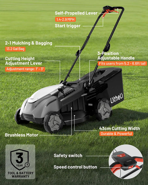 18 Inch 40V Self Propelled Brushless Lawn Mower For Yards Stepless Speed Control Easy Start Lightweight Cordless Mower With 6 Position Height Adjustment Includes Two 5Ah Batteries, side view