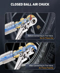 Closed Ball Tire Air Chuck With Clip-On, 0.25 Inch FNPT, And 360 Degree Swivel Quick Plug For Fast Tire Inflation, Car And Truck Use, Durable Clip-On Chuck That Keeps Hoses From Twisting, shown before and after tire valve connection