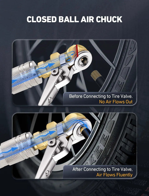 Closed Ball Tire Air Chuck With Clip-On, 0.25 Inch FNPT, And 360 Degree Swivel Quick Plug For Fast Tire Inflation, Car And Truck Use, Durable Clip-On Chuck That Keeps Hoses From Twisting, shown before and after tire valve connection