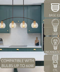 Industrial Farmhouse Island Light With Clear Glass Globe Shades 34 Inch Four Light Modern Linear Pendant Fixture in kitchen setting