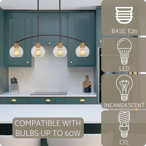 Industrial Farmhouse Island Light With Clear Glass Globe Shades 34 Inch Four Light Modern Linear Pendant Fixture in kitchen setting