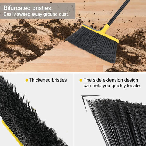 Four Pack Outdoor Broom With 58 Inch Adjustable Handle and 14.2 Inch Wide Heavy Duty Bristles sweeping fine particles on floor
