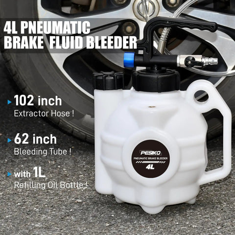 4L Vacuum Brake Bleeder Kit One Person Pneumatic Fluid Extractor With 1L Refilling Bottle shown with tire in background.