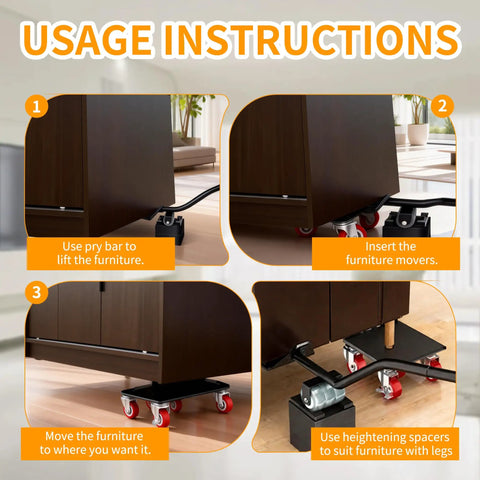 Five Wheel Swivel Furniture Dolly Set With Lockable Brakes And 360 Degree Casters, Heavy Duty 1400Lb Movers For Home, Office And Appliances, Complete Moving Kit With Pry Bar, Spacers, Gloves And Storage Bag For Easy Easing Moves