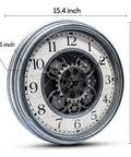 Large 15 Inch Moving Gears Wall Clock In Sleek Silver, industrial steampunk design with bold numbers, 15.4 inch diameter.