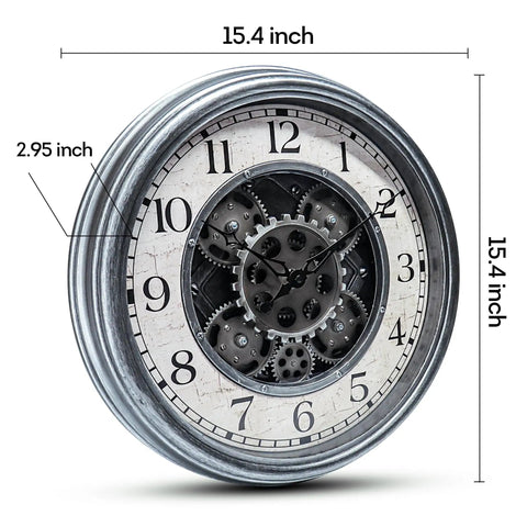 Large 15 Inch Moving Gears Wall Clock In Sleek Silver, industrial steampunk design with bold numbers, 15.4 inch diameter.