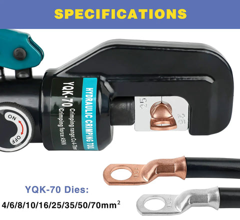 Close-up of Beefy Hydraulic Battery Lug Crimping Tool Kit With 9 Die Sets for AWG 12 to 2/0, steel crimping tool in action.