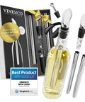 Wine Chiller Set With Chill Rods Foil Cutter Stopper Ebook And Drip Free Pourer Premium 7in1 Stainless shown with accessories.