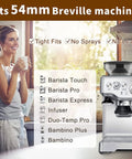 Woman in kitchen by espresso machine, promoting 54mm Bottomless Espresso Portafilter For Barista Pro BES878 Barista Express BES870.