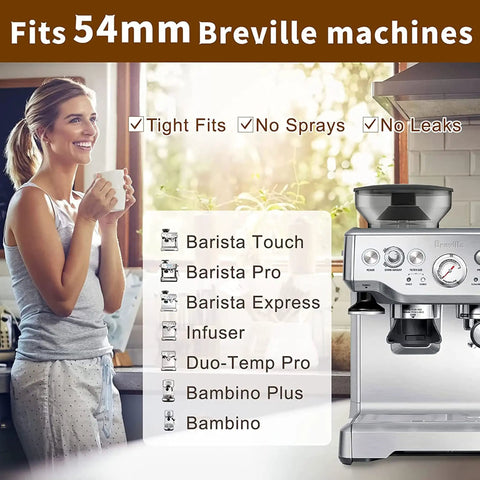 Woman in kitchen by espresso machine, promoting 54mm Bottomless Espresso Portafilter For Barista Pro BES878 Barista Express BES870.