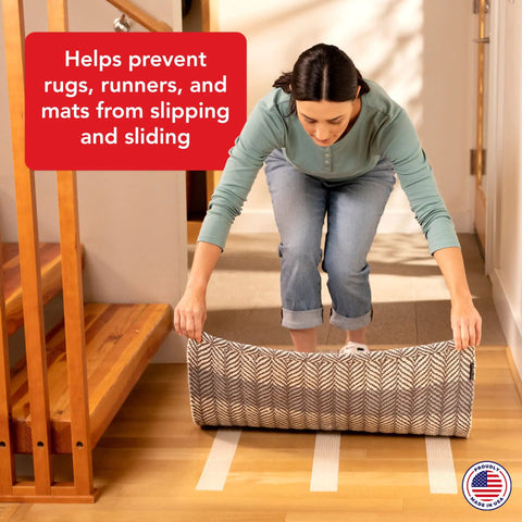 Person installing Double Sided Non Slip Carpet Tape For Area Rugs And Runners That Delivers A Residue Free Long Lasting Bond And Easy Reuse