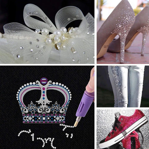 Bedazzler Kit With Rhinestones And Hot Fix Gems Craft Applicator used on shoes, clothes, and decorative bow embellishments