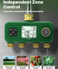 4 Zone Water Timer For Garden Hose With Heavy Duty Solid Brass Inlet And Outlets Battery Operated Programmable Sprinkler Timer No WiFi 4 Way Faucet Valve For Sequential Watering Weather Resistant Leak Proof Durable Irrigation Splitter showing digital display and brass outlets