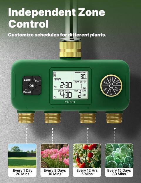 4 Zone Water Timer For Garden Hose With Heavy Duty Solid Brass Inlet And Outlets Battery Operated Programmable Sprinkler Timer No WiFi 4 Way Faucet Valve For Sequential Watering Weather Resistant Leak Proof Durable Irrigation Splitter showing digital display and brass outlets