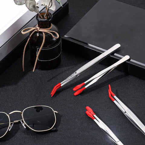 4 Piece Rubber Tipped Tweezers Set With PVC Silicone Tips Flat And Bent Styles For Lab Work Jewelry Craft Coin Stamp Tongs Red Coated