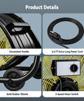 Heavy Duty High Velocity Drum Fan Pumping Out Serious Chill For Garage Shop Warehouse And Patio With Badass 8800 CFM Airflow And Three Speed Settings convenient handle, extra-long power cord, solid rubber wheels, and speed switch details.