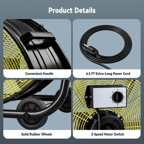 Heavy Duty High Velocity Drum Fan Pumping Out Serious Chill For Garage Shop Warehouse And Patio With Badass 8800 CFM Airflow And Three Speed Settings convenient handle, extra-long power cord, solid rubber wheels, and speed switch details.