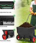 Lawn Drop Spreader With Handle Four Wheels Adjustable Rate showing features and filled with compost on lawn