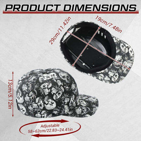 Baseball Style Safety Bump Cap With Skull Pattern Ultra Lightweight Breathable Head Protection Hard Cap Removable Shockproof Inner Shell For Men And Women All Day Comfort And Ventilation showing dimensions and adjustable size.