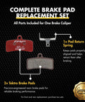 Performance Semi Metallic 4 Piston Bicycle Brake Pads Set displayed with two pads and a caliper spring on black background