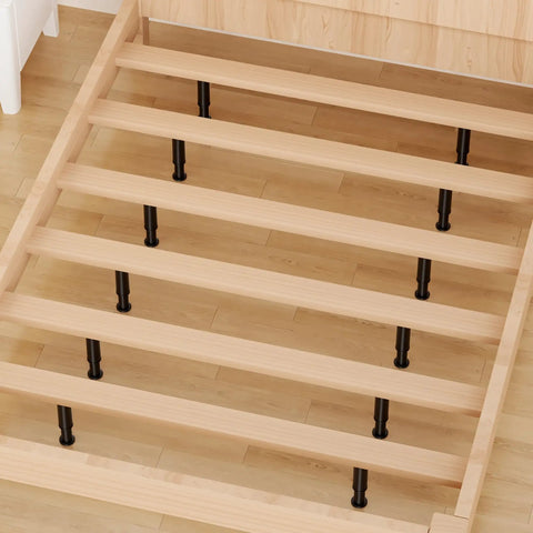 Heavy Duty Adjustable Bed Support Legs For Bedroom Frames And Living Room Sofas includes thick metal stumps under wooden slats.