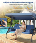 Woman sitting on Three Seat Outdoor Porch Swing with Adjustable Canopy and Stand by pool