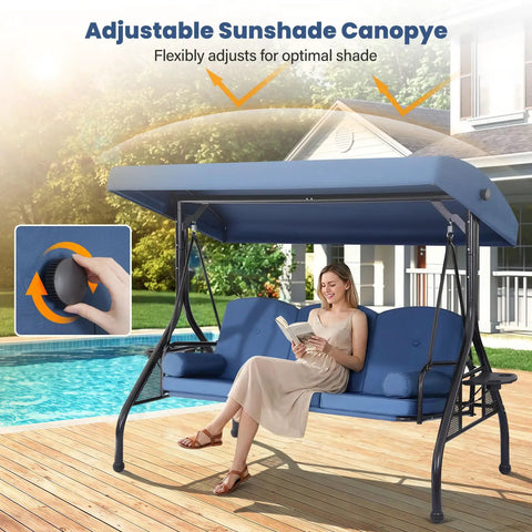 Woman sitting on Three Seat Outdoor Porch Swing with Adjustable Canopy and Stand by pool