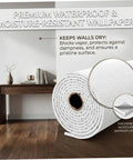 Solid White Peel And Stick Wallpaper With Linen Texture Waterproof Self Adhesive Contact Paper For Kitchens Bedrooms Darn Easy To Apply Snazzy Moisture Resistant Wall Covering 19 69 By 16 4 Feet roll with barrier layer and wooden table background.