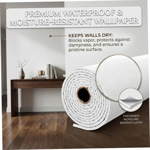 Solid White Peel And Stick Wallpaper With Linen Texture Waterproof Self Adhesive Contact Paper For Kitchens Bedrooms Darn Easy To Apply Snazzy Moisture Resistant Wall Covering 19 69 By 16 4 Feet roll with barrier layer and wooden table background.
