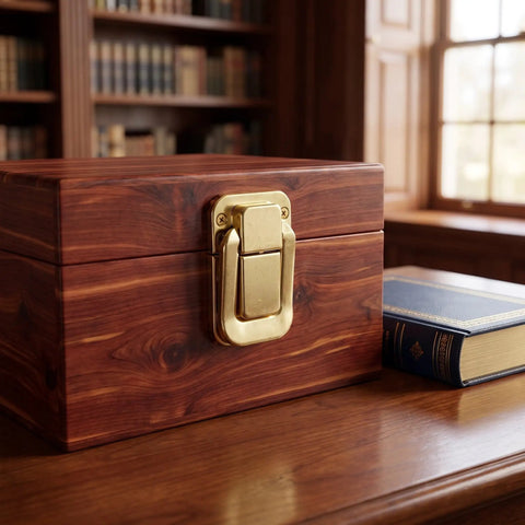 Retro Hasp Latches With Toggle Catch Lock For Antique Wood Boxes Sturdy Metal Closure securing a wooden box with gold latch.