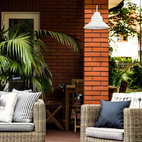Novogratz X Globe Maxwell 11 Inch Outdoor Wall Sconce Matte White Weatherproof on brick wall in patio setting