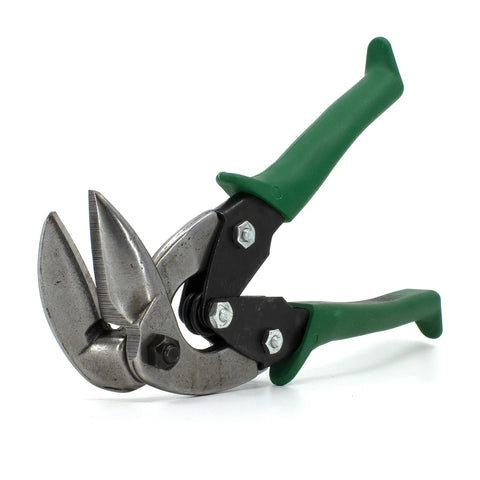 Right Upright Aviation Snips For Tin And Sheet Metal With Forged Blades And Kush N Power Comfort Grips, green handle visible