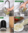 Sprouting Lids and Adjustable Jar Stands Kit for 86mm Wide Mouth Mason Jars Stainless Steel Sprout Lids for Organic Sprouts Broccoli Alfalfa and Mung Bean Set of Four shown in use for soaking, rinsing, growing, and harvesting sprouts.